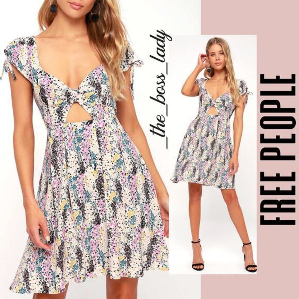 Free People mini dress floral cutout pleated tropical XS